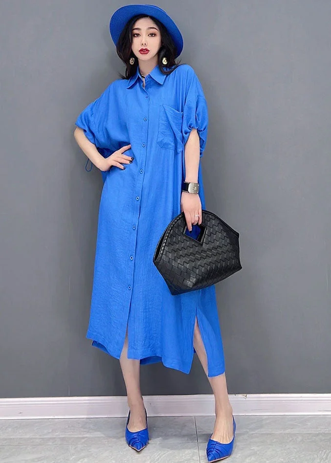 5.25Baggy Blue Solid Peter Pan Collar Oversized Cotton And Linen Shirt Dress Short Sleeve