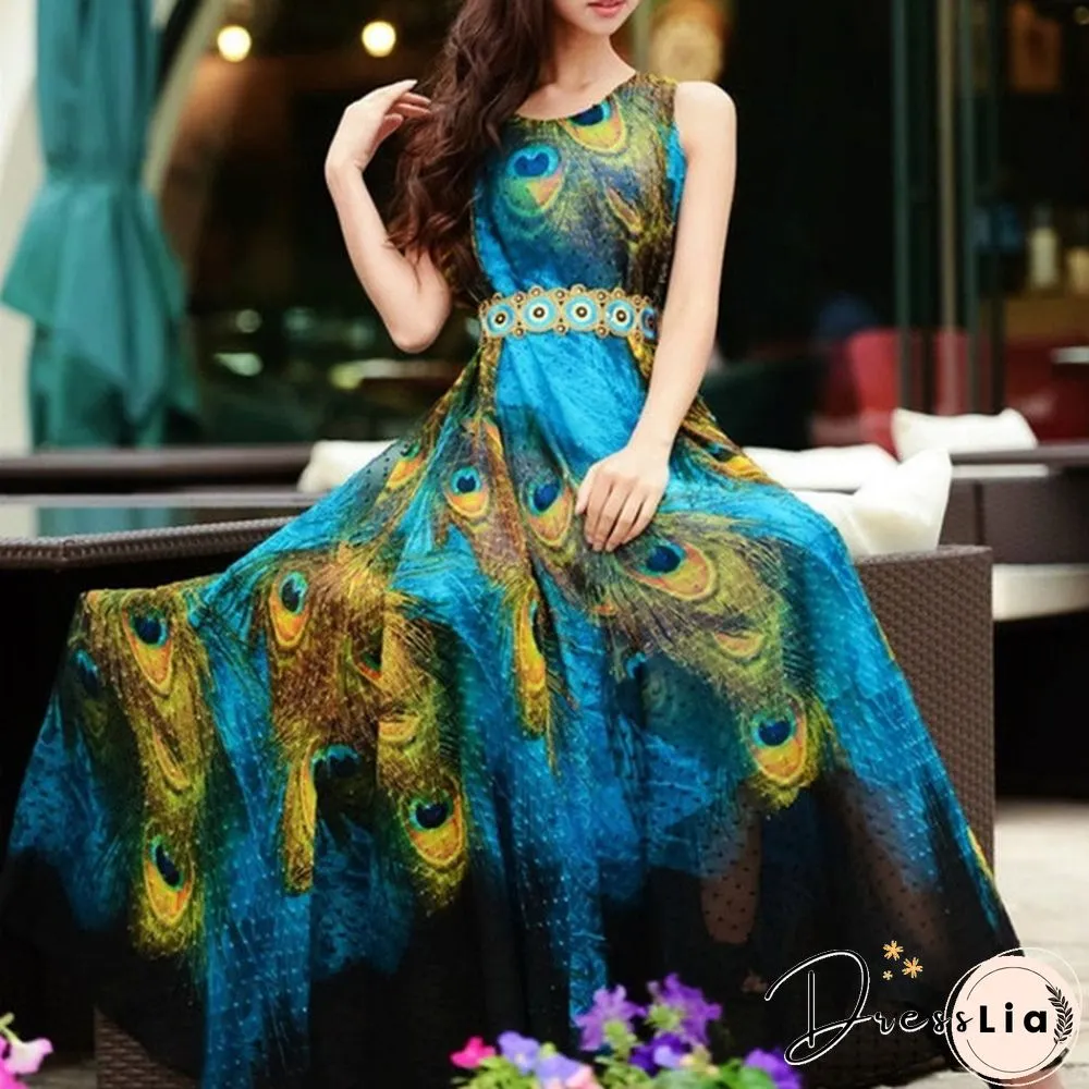 Women Maxi Evening Party Dress Summer Boho Long Beach Chiffon Peacock Dress M-XXL