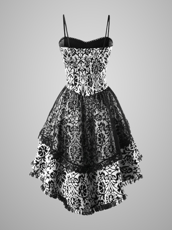 Vintage Floral Lace-up Lace Paneled Mesh Color-block Tight Waist Asymmetrical Spaghetti Dress 