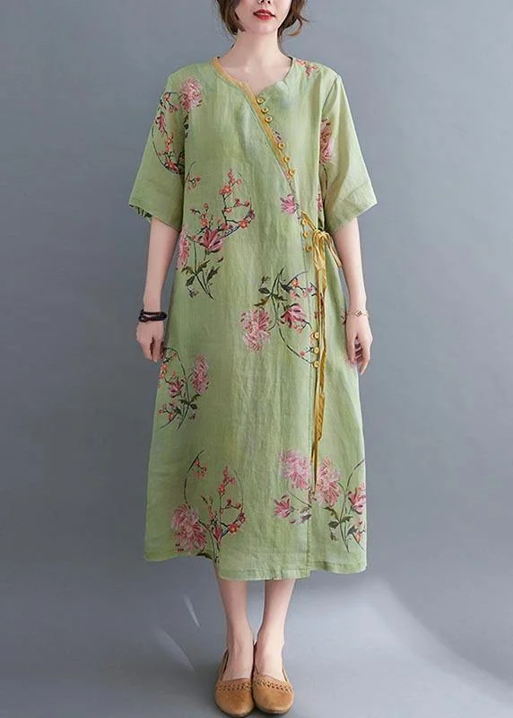 Loose Green Print Button Maxi Summer Chiffon Dress
