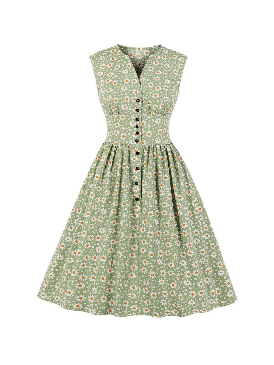 Summer Cute Little Daisy Fresh Retro Floral Sleeveless Dress Big Swing Dress