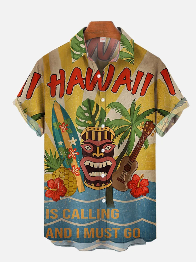 Hawaii is Calling and I Must Go Hawaii Travel Adventure TIKI Printing Short Sleeve Shirt