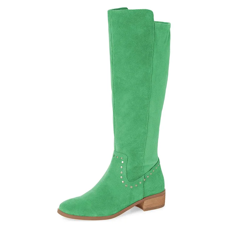 Green Vegan Suede Studs Knee Boots Knee-high Boots |FSJ Shoes