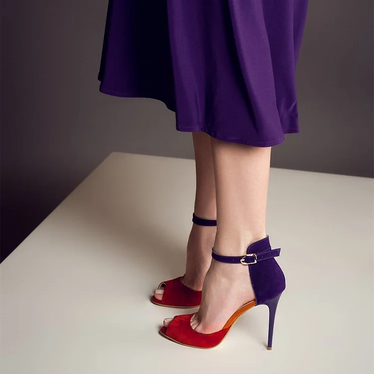Women's Red & Purple Vegan Suede Peep Toe Ankle Strap Stiletto Heels |FSJ Shoes