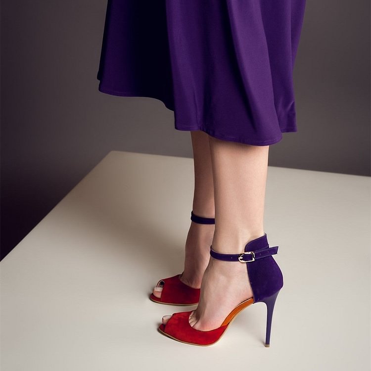 Red and Purple Peep Toe Stiletto Heels Ankle Strap Heels for Women |FSJ Shoes