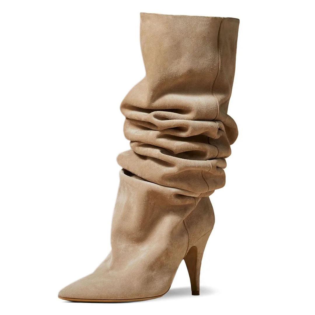 Pointed Toe Faux Suede Sophisticated Elegant Beige Silhouette Booties