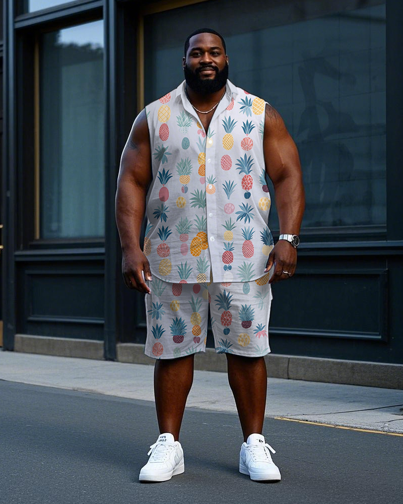 Big Men's Funny Pineapple Cartoon All Over Printed Hawaiian Sleeveless Shirt and Shorts Set