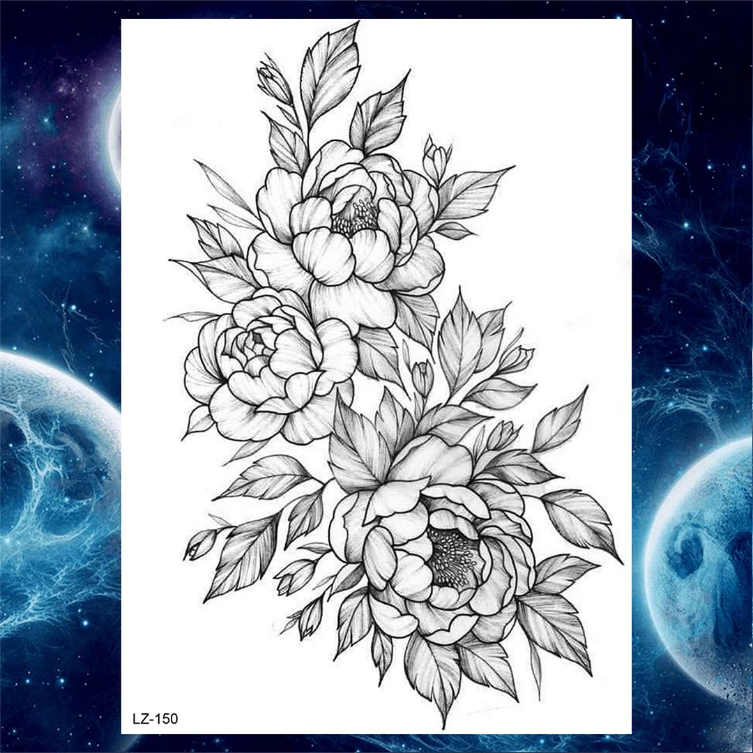 Large 3D Rose Flower Temporary Tattoos For Women Men Adults Death Skull Tattoo Sticker Peony Dahlia Black Fake Tatoos Forearm
