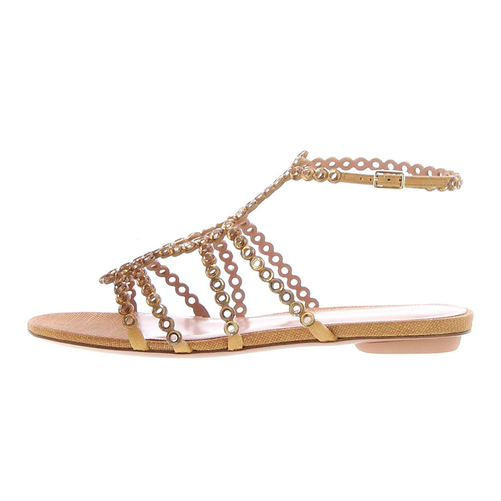 Brown Perforated Rhinestone Ankle Strap Flat Sandals for Women Nicepairs