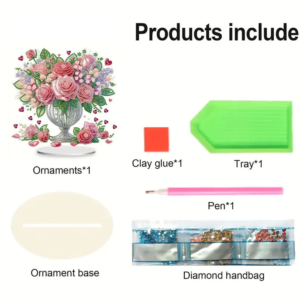 DIY Rose Vase Acrylic Table Top Diamond Painting Ornament Kits for Office Desktop Decor