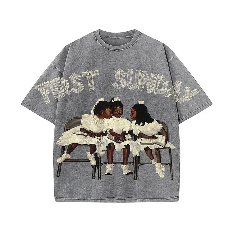 Aonga Summer harajuku Y2K Street Trend Short-sleeved Hottie tops American vintage Children First Sunday Printed Washed T-shirt for Men aonga