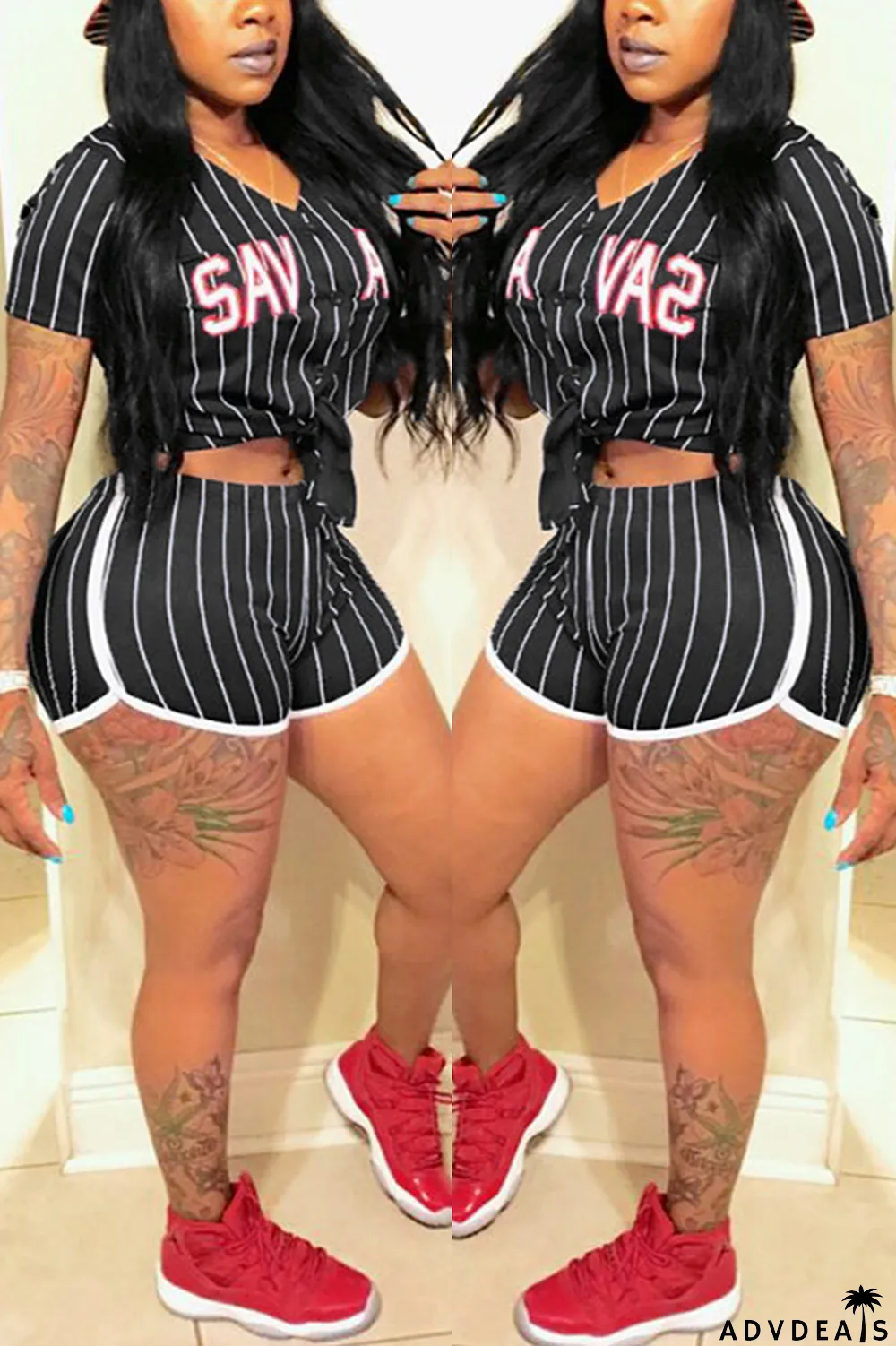 Yellow Fashion Sexy Casual Street Sportswear Letter Striped Print Split Joint Buttons Cardigan Short Sleeve Two Pieces