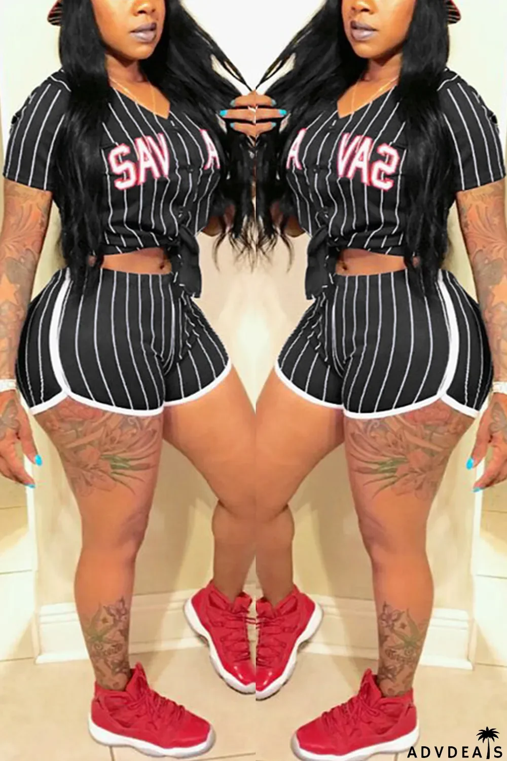 Yellow Fashion Sexy Casual Street Sportswear Letter Striped Print Split Joint Buttons Cardigan Short Sleeve Two Pieces