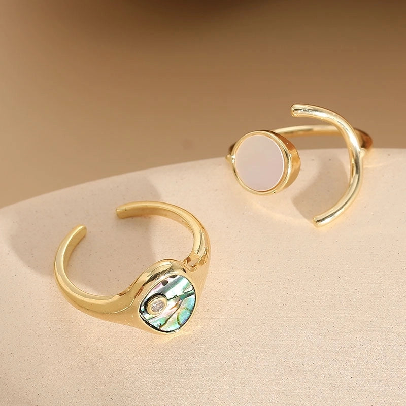 Elegant Luxurious Classic Style Geometric Copper Plating Inlay Shell Zircon 14k Gold Plated Open Ring