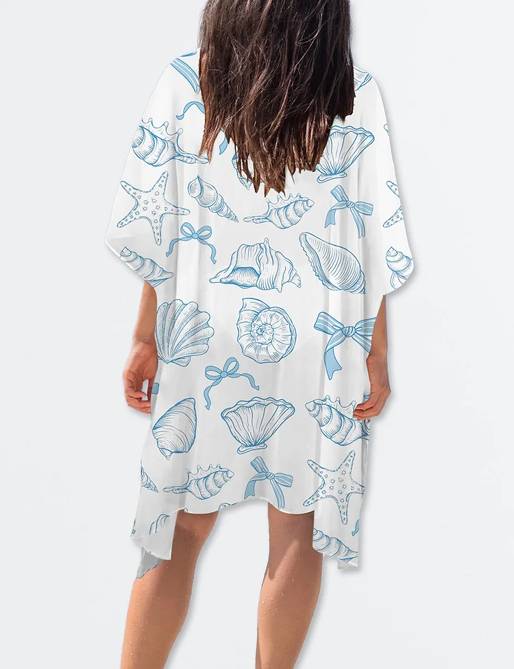 Women&rsquo;s Coquette Seashell Coastal Summer Vibes Short Sleeve Duster Kimono Coverup