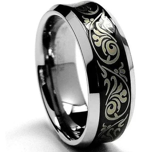 Women's Or Men's Silver and Black Tungsten Carbide Wedding Band Rings,Laser Etched Tribal Florentine Design Wedding Ring With Mens And Womens For Width 4MM 6MM 8MM 10MM