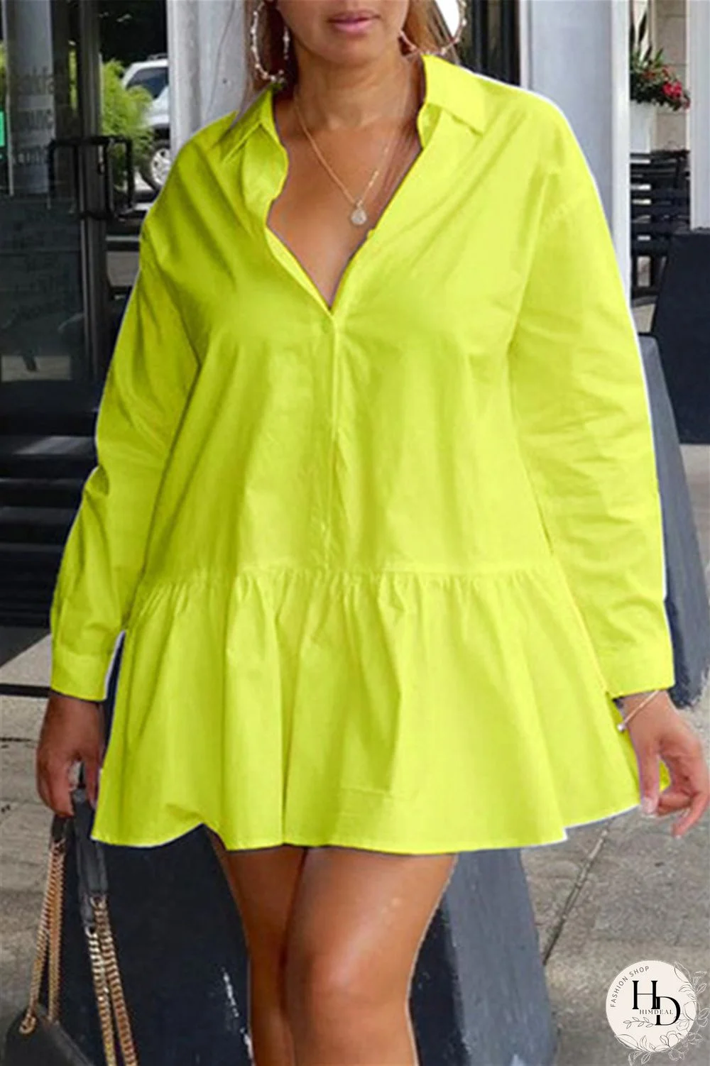 Light Yellow Fashion Casual Solid Basic Turndown Collar Long Sleeve Shirt Dress