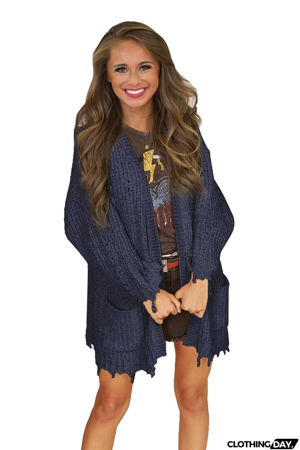 Chenille Knit Destroyed Cardigan Sweater