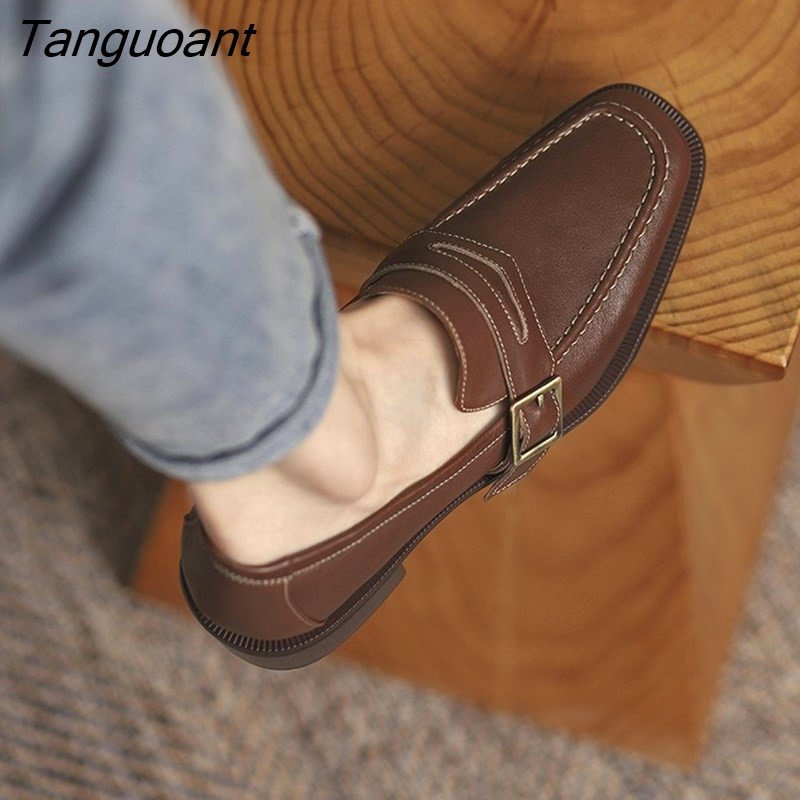 Tanguoant Spring Autumn Square Head Belt Buckle Loafers Women's New Retro Small Leather Comfortable Shoes All-match Single Shoes