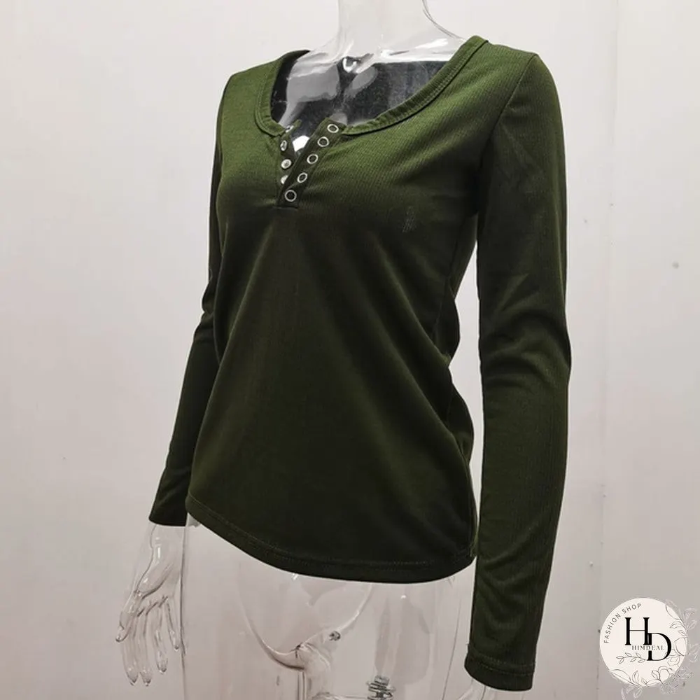 Spring Tight-fitting Bottoming Shirt U-neck Ribbed Long-sleeved Blouse Women's Clothing