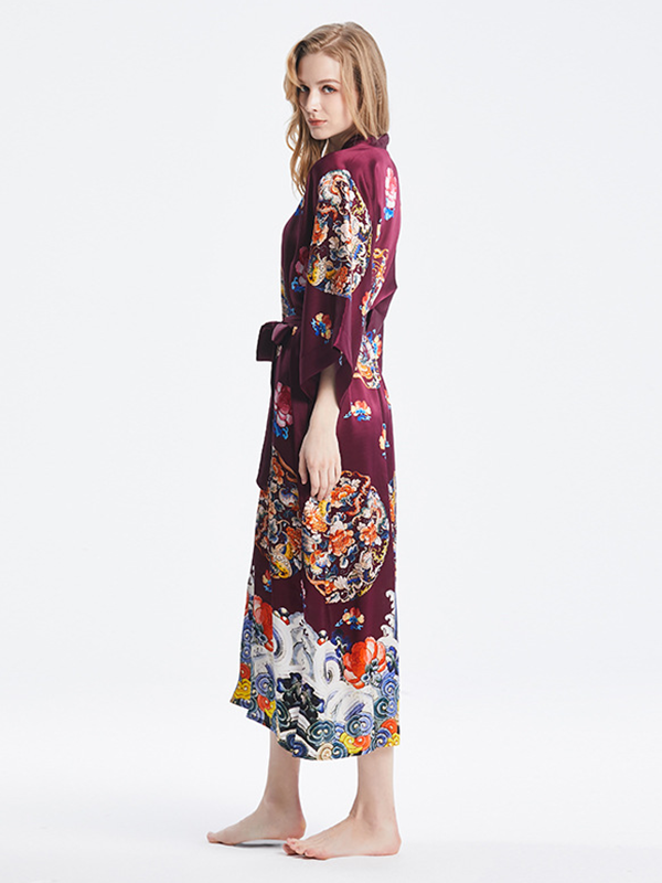 19 Momme Red Wine Traditional Printed Kimono Style Loose Silk Robes-Real Silk Life