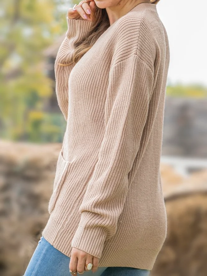 Camel Casual Cotton-Blend Long Sleeve V Neck Sweater