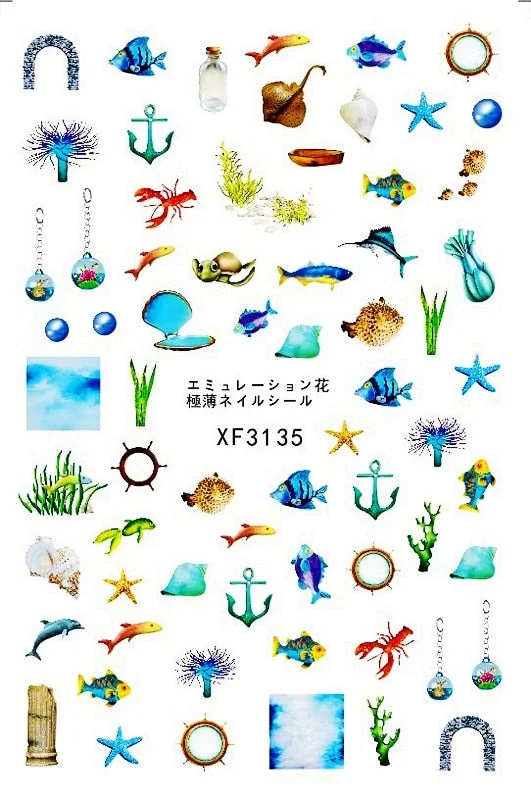 Under The Sea Nail Art Stickers Decoration Back Glue Self Adhesive Decal 3D Nail Sticker Manicure Tropical Fish Nail Design Foil