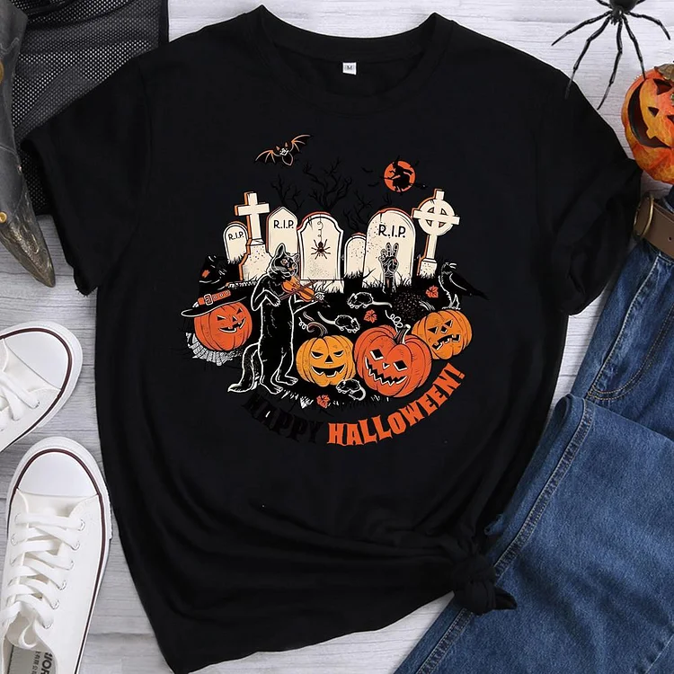 Halloween Grave Ghost Round Neck T-shirt-0018591