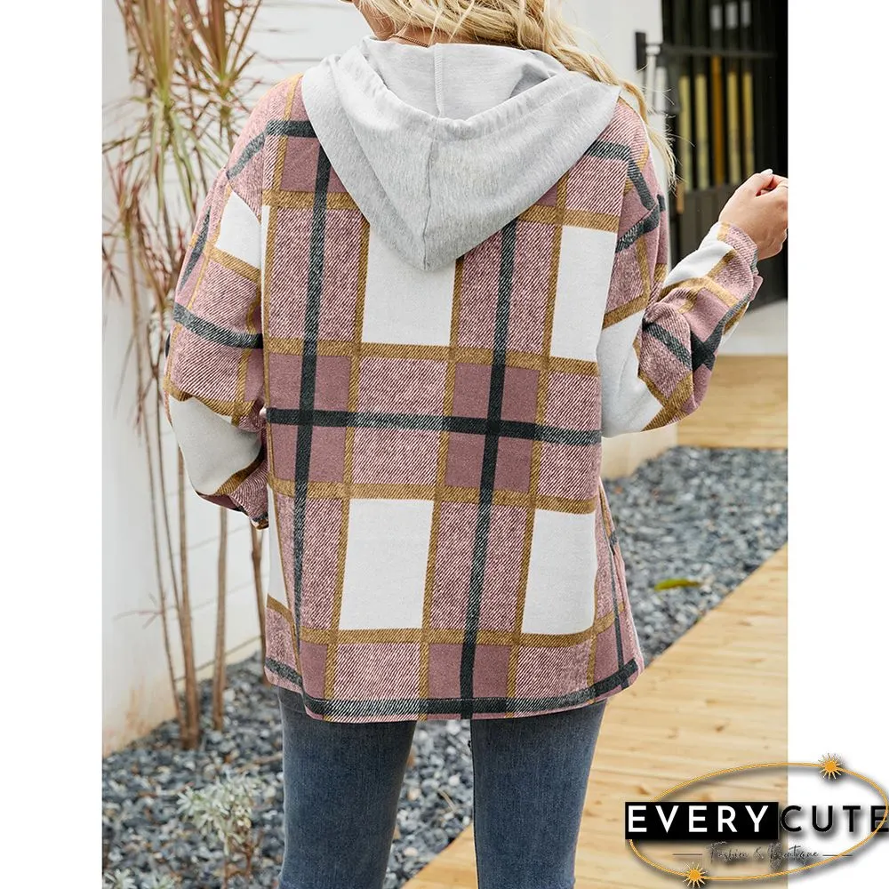 Pink Woolen Plaid Print Hooded Coat with Pocket