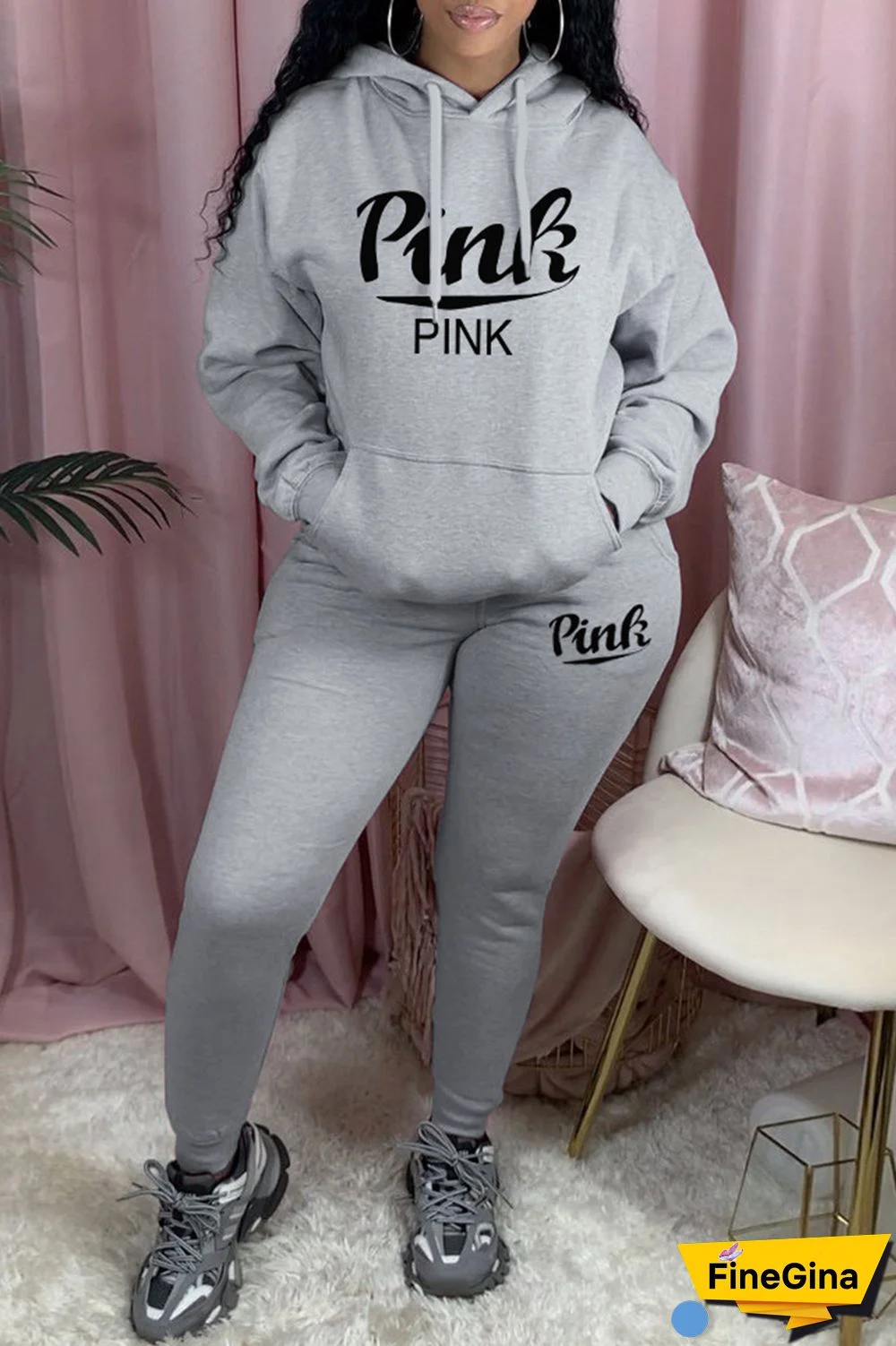 Black Casual Letter Print Basic Hooded Collar Long Sleeve Two Pieces