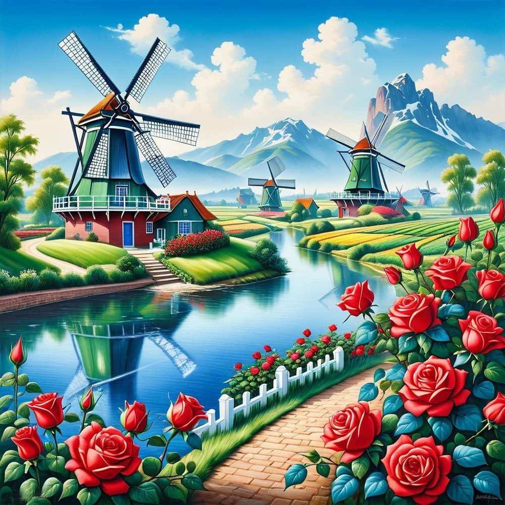 Windmill And Flowers 50*50cm(canvas) full round drill diamond painting