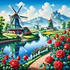 Moulin &agrave; vent et fleurs-perceuse ronde peinture diamant-50*50cm
