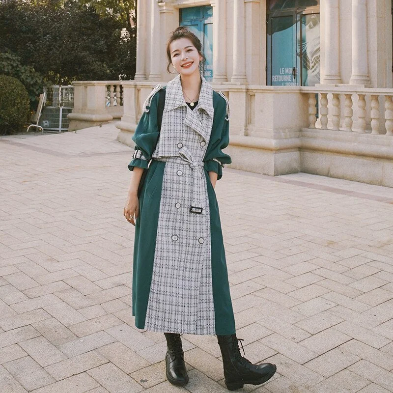 Brand New European Style Women Trench Coat Long Double-Breasted with Belt Patchwork Lady Duster Coat Spring Autumn Outerwear