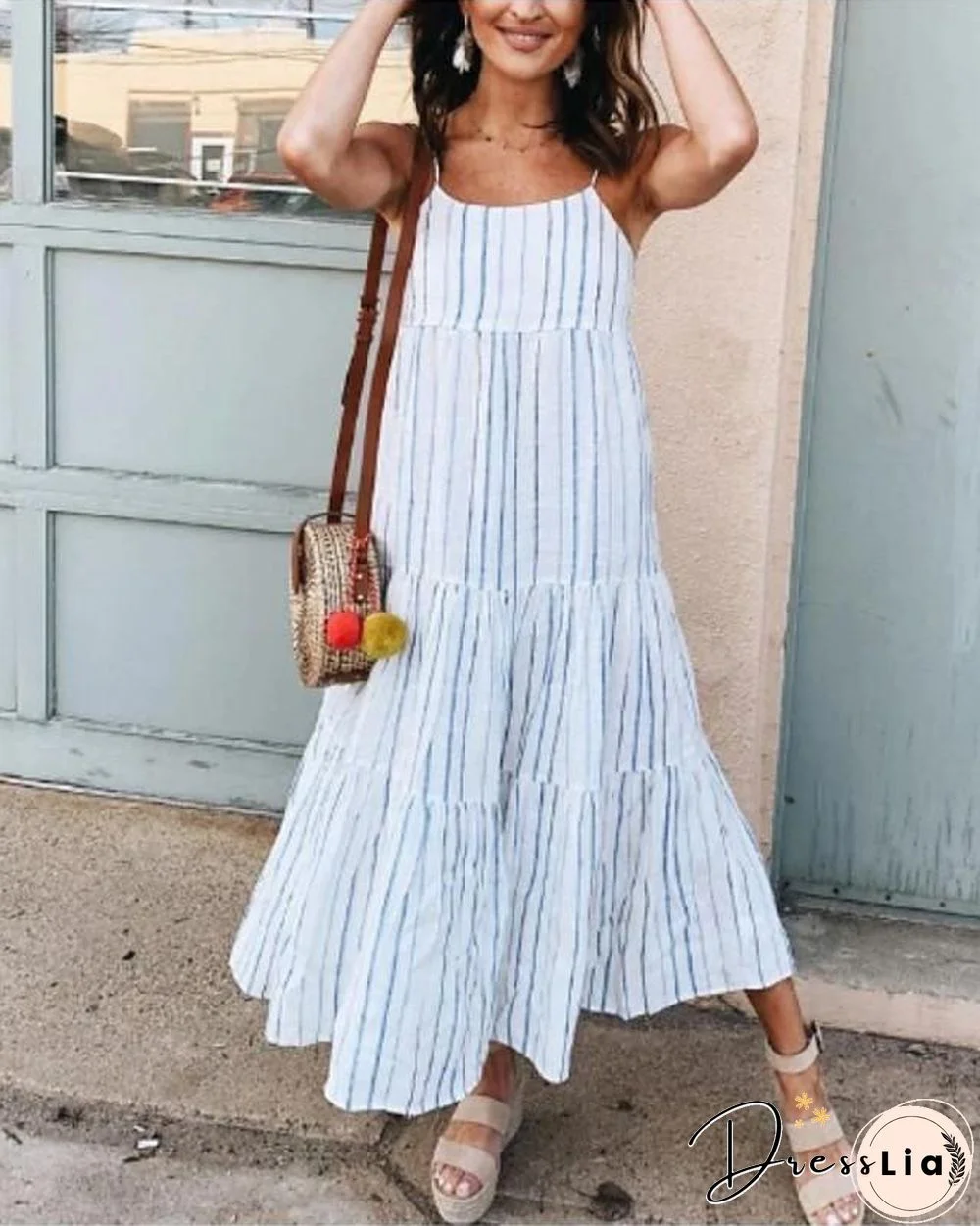 Women's Strap Dress Maxi long Dress Sleeveless Striped Print Spring Summer Casual Blue S M L XL XXL 3XL