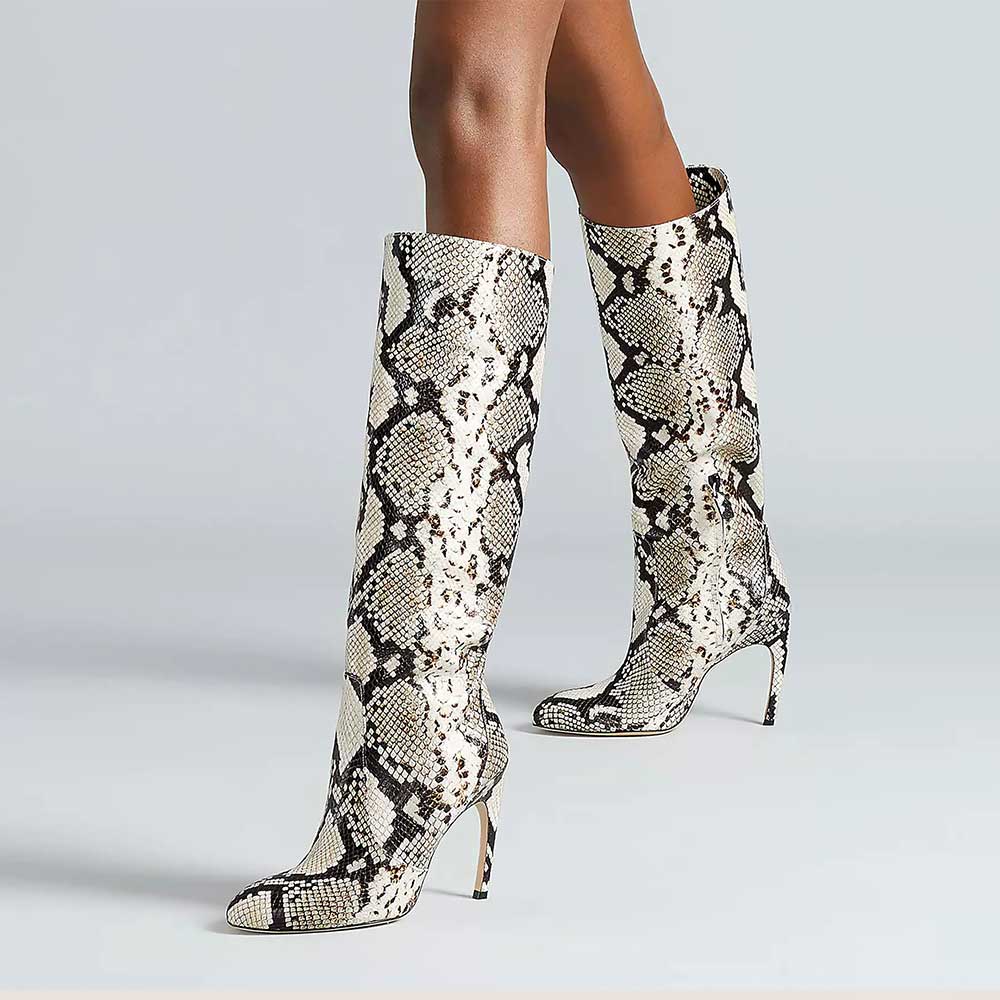 Gray Snakeskin Pointed Toe 4'' Stiletto Heel Wide Calf Knee High Boots Nicepairs