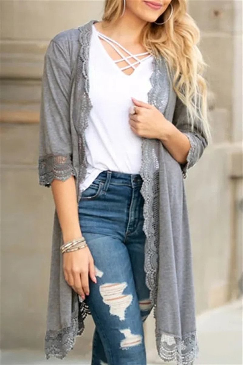 Plus Size Solid Lace Panel Stitching Casual Long Cardigan