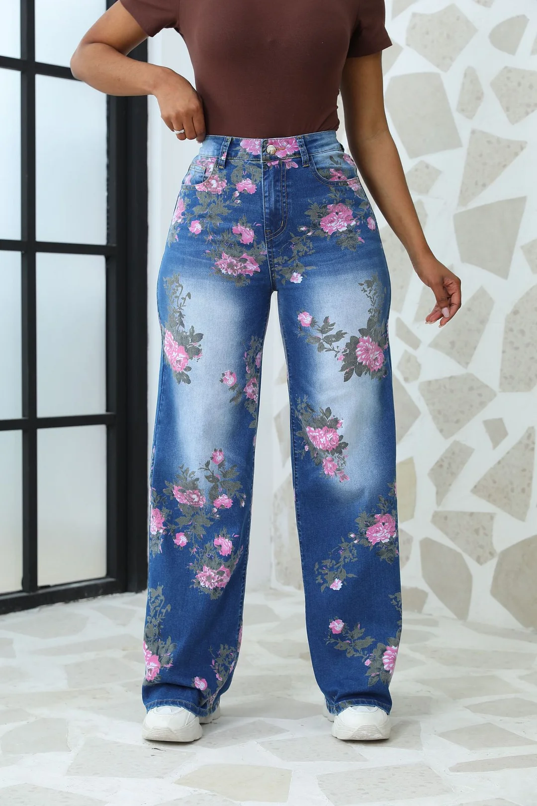 Women's Large Size Wide-leg Pants Floral Print Denim Jeans
