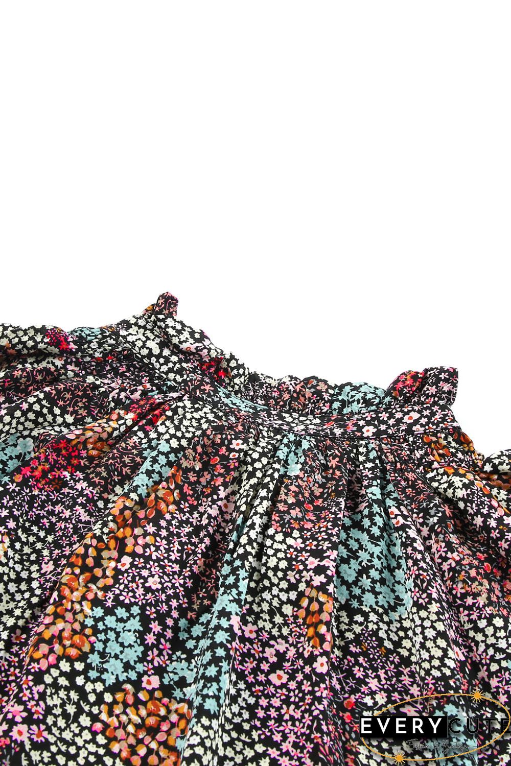 Multicolor Vibrant Floral Tie V Neck Puff Sleeve Blouse