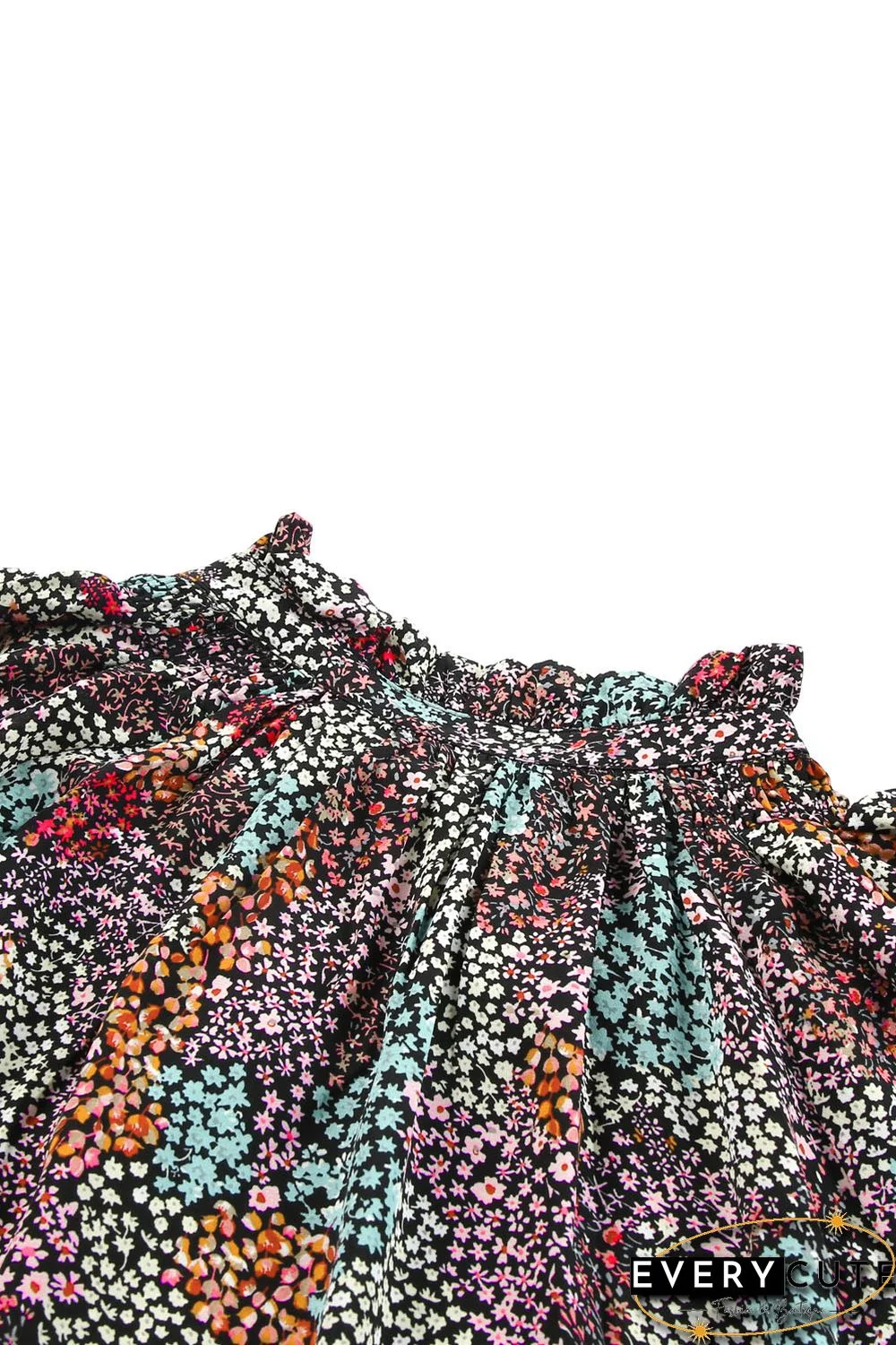 Multicolor Vibrant Floral Tie V Neck Puff Sleeve Blouse