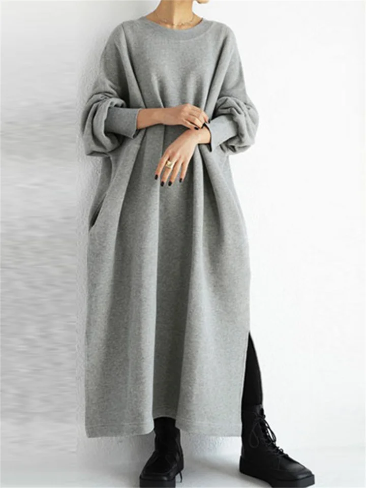Autumn and Winter Commuter Round Neck Cotton American Pullover Solid Color Sweatshirt Dress Long Dresses-Cosfine