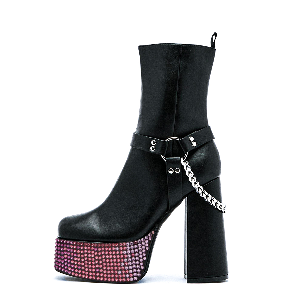 Black Square-Toe Chain Strap Heeled Booties with Rhinestone Platform Nicepairs