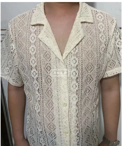 Uveng Uveng New Fashion Men's Casual Short-Sleeved Lace Collar Button Hollow Cool Perspective Shirt Top