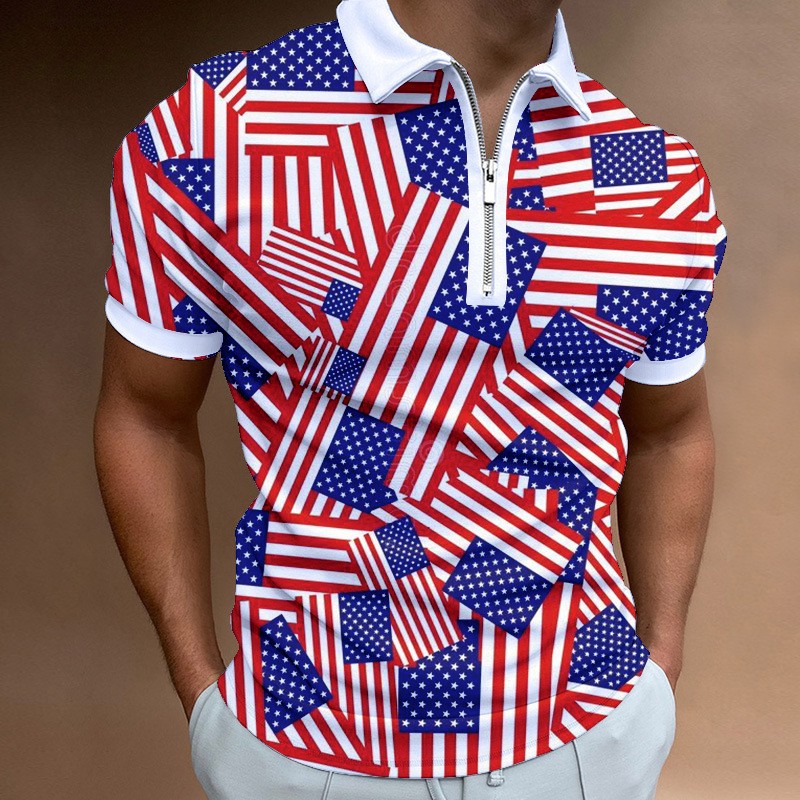 Men's Independence Day printed short sleeved zippered polo shirt PLUSCLOTHESMAN