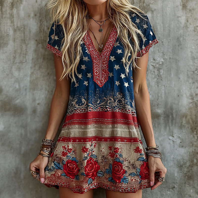 Comstylish Women's Vintage Rose Flag Art Print Mini Boho Dress