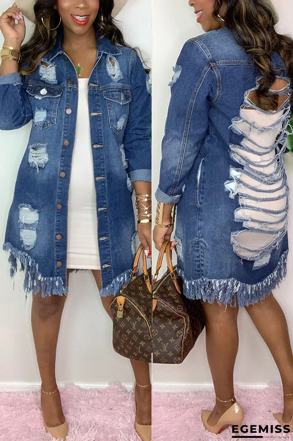 Dark Blue Fashion Casual Adult Solid Ripped Turndown Collar Long Sleeve Straight Denim | EGEMISS