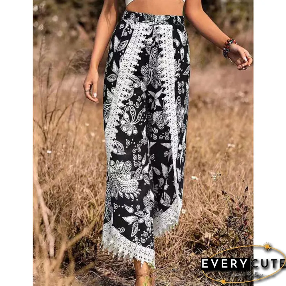 Black Floral Print Spliced Casual Pants
