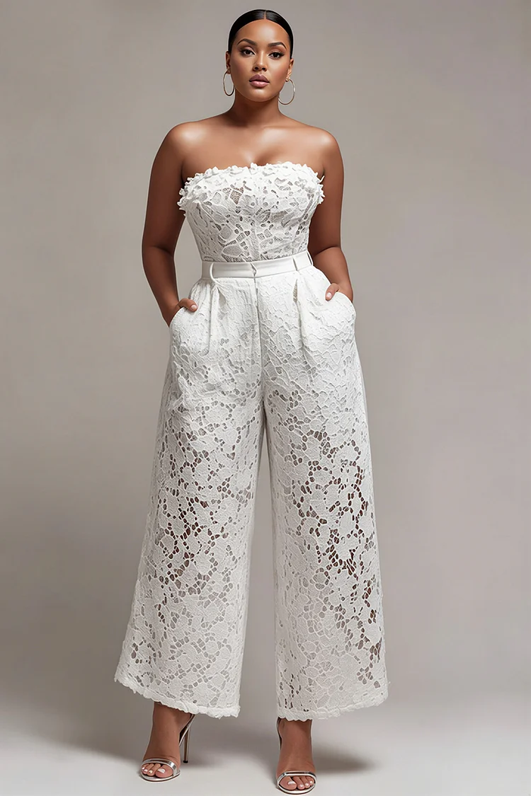 Xpluswear Design Plus Size Party Elegant White See Through Pocket Lace Jumpsuits [Pre-Order] 2024 - Xpluswear