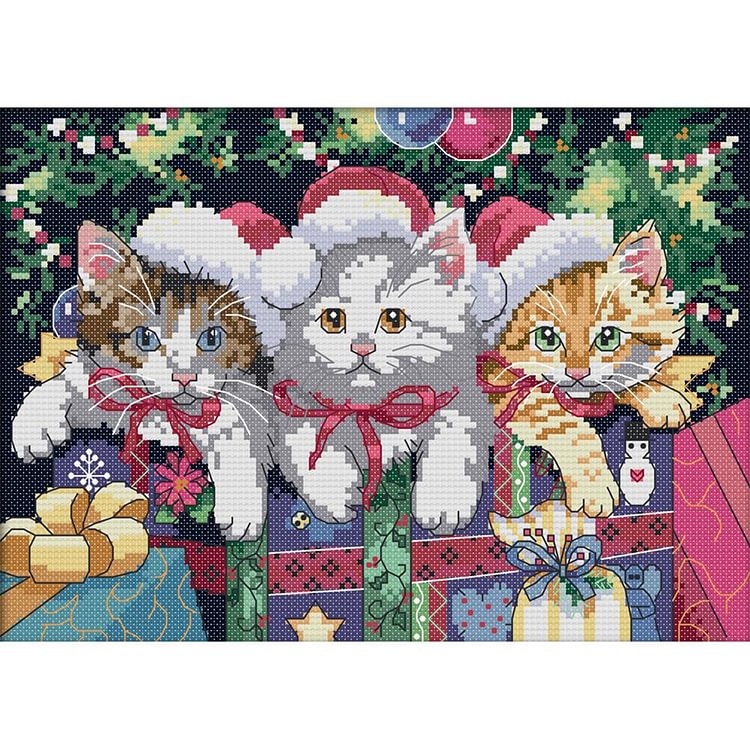 Joy Sunday - Christmas Cat - 14CT 2 Strands Threads Printed Cross Stitch Kit - 30x21cm(Canvas)