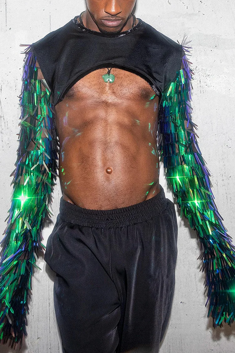 Men's Tinsel Fringe Mesh Patchwork Festival Shrug Top [Pre-Order]
