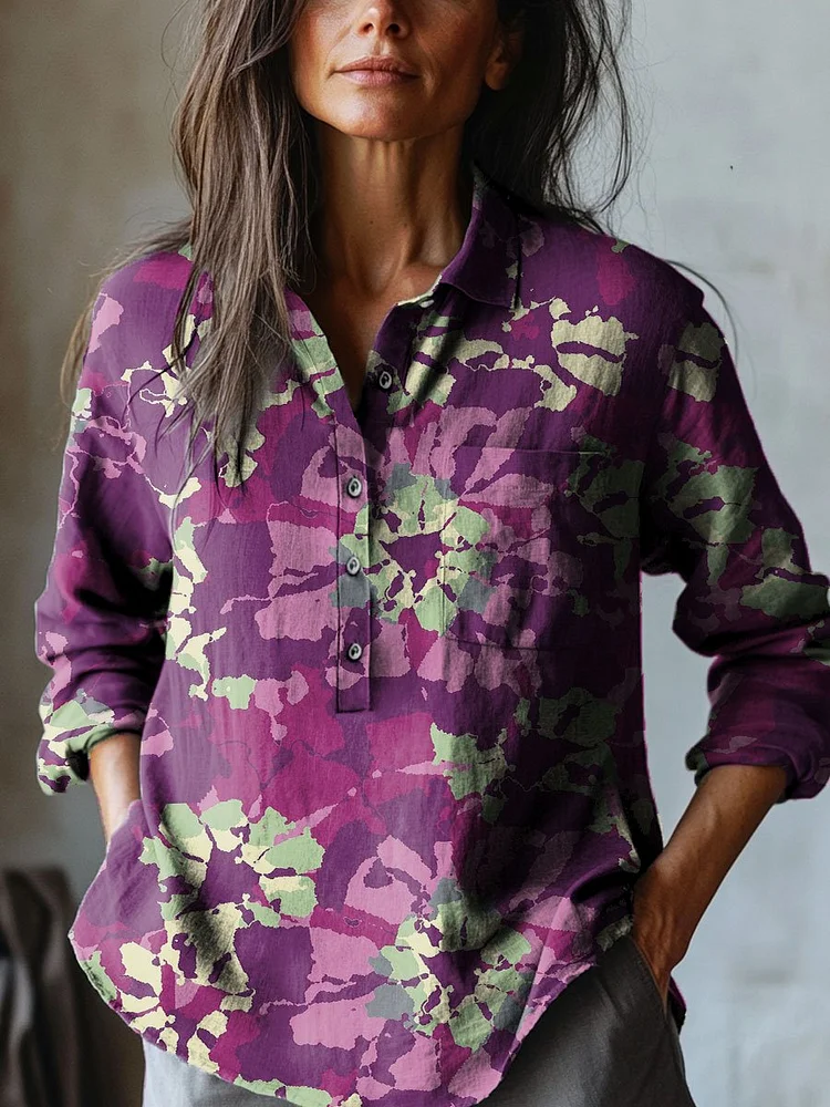 Women's Vintage Flower Art Print Casual Cotton And Linen Shirt